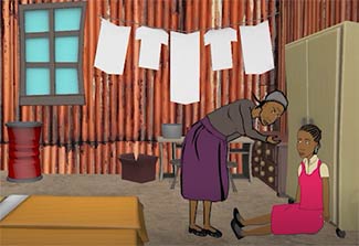 Screenshot from animated video intervention showing adult in a bedroom lecturing a teenage girl who is seated on the floor.