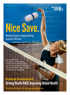 Volleyball player jumps at net to block large pill capsule. Ad reads, Nice Save. Federal investment: Driving Health R&D...