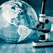 The photo on this page is an AI-generated conceptual image showing a blend of images, including a globe, microscope, scientific beakers, meant to be indicative of global health research.