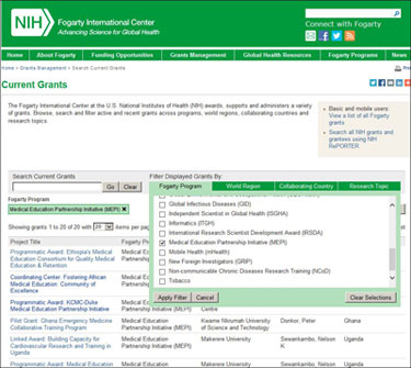 Screen capture of Fogarty grants search shows view filtered by program