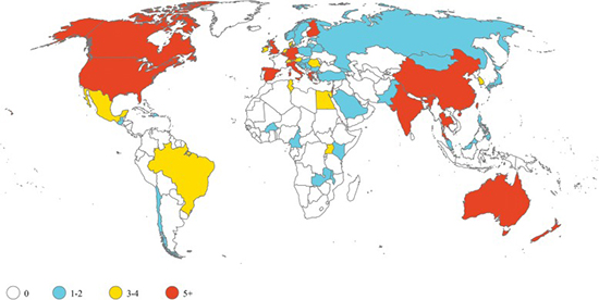 Illustrated map showing that sepsis trials are predominantly conducted in high-income countries.