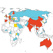 Illustrated map showing that sepsis trials are predominantly conducted in high-income countries.