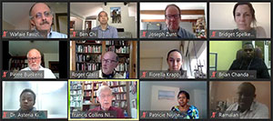 Screen capture of tiled view of participants during 2020 virtual Fogarty Fellows and Scholars orientation, Francis Collins’s window highlighted while he speaks.