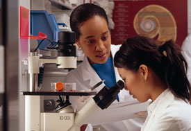 Two female researchers in white lab coat, one looks into microscope, the other looks on