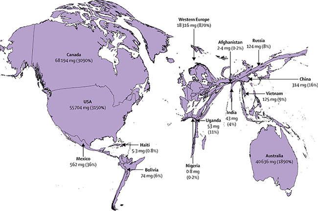 World map shows global morphine-equivalent opioid distribution average 2010-2013 by country