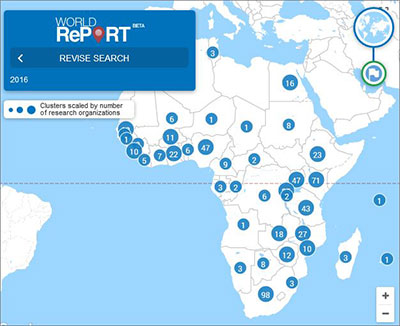 Screen capture of World Report mapping tools showing count of awards by country for the African continent