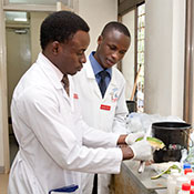Two researchers in lab coats work in a lab preparing materials.