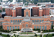 Aerial view of the Clinical Center (Building 10), NIH Campus, Bethesda, MD