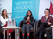 Photo courtesy of London School of Hygiene and
Tropical Medicine. Three women participate in a panel discussion during the 2018 Women Leaders in Global Health conference.