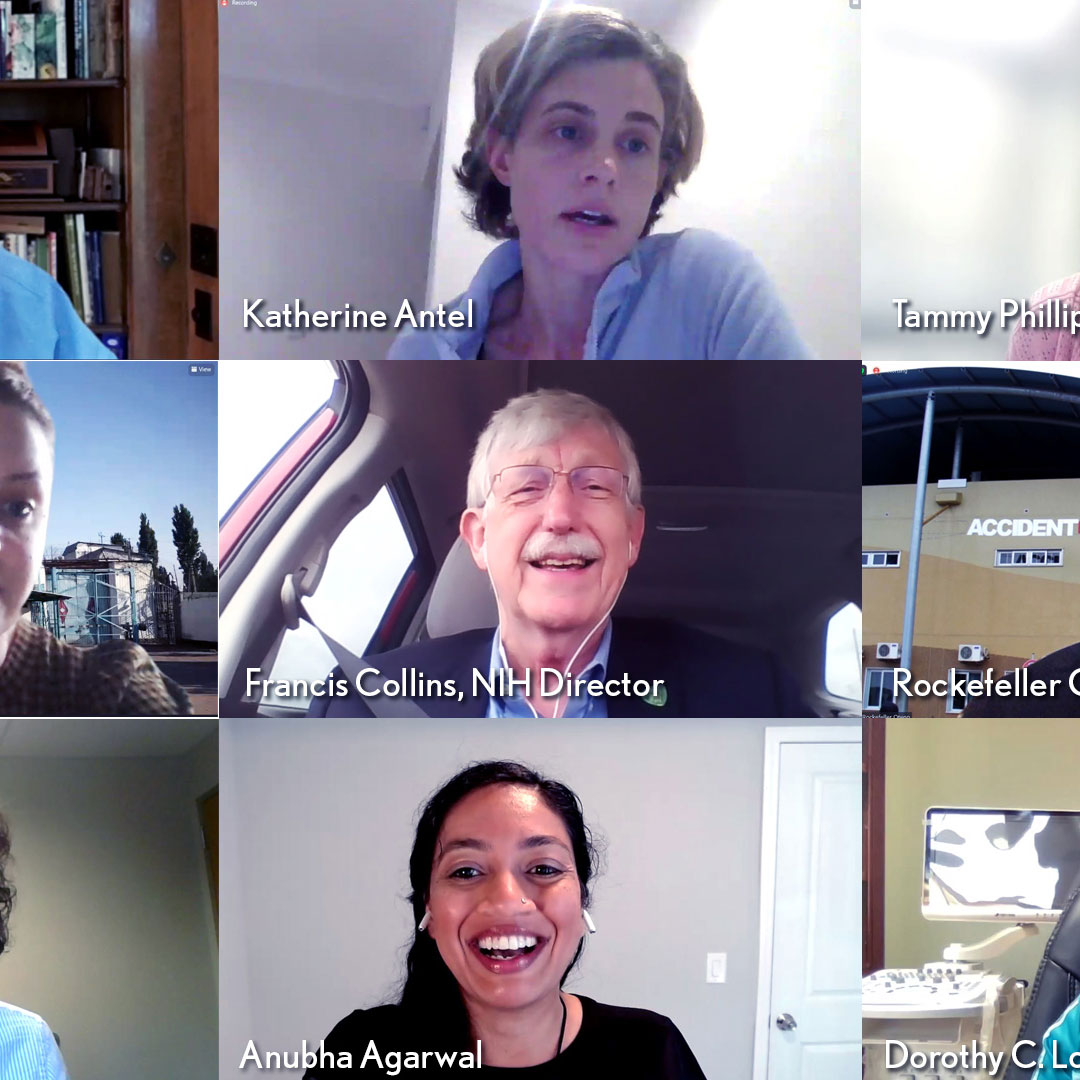 Image of zoom screen containing eight scientists meeting with Dr Francis Collins