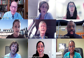 Image of zoom screen containing eight scientists meeting with Dr Francis Collins