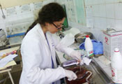 Dr. Anna Babakhanyan in white coat and gloves uses tools to examine a placenta