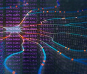 Graphic showing binary code with lighted circutiry.