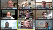 Image courtesy of Fogarty. Screen capture of tiled view of participants during 2020 virtual Fogarty Fellows and Scholars orientation, Francis Collins’s window highlighted while he speaks.