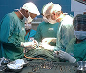 Photo courtesy of Dr. Matchecane Cossa, pictured left. Dr. Matchecane Cossa performs surgery on a patient in an operating theater with 4 other medical workers.