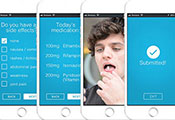 Progressive screen shots of the emocha app to demonstrate monitoring side effects and video directly observed therapy (DOT)