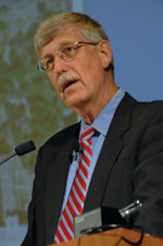 PHOTO: Dr Francis Collins speaks at a podium at NIH