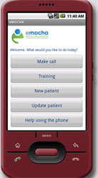 Cell phone shows a display of the eMOCHA platform, eMOCHA logo at the top of the screen