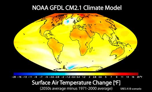 Map of the world showing the NOAA Climate Model, full descrption below