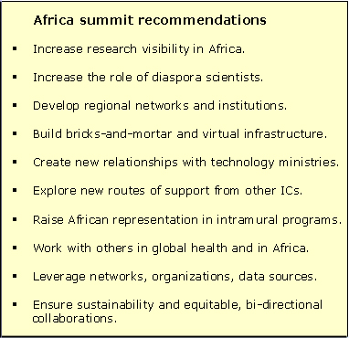 a table listing Africa summit recommendations with pale yellow background