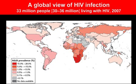 World map titled "a global view of HIV infection" indicating countires with greatest prevalence of adult HIV infection by color