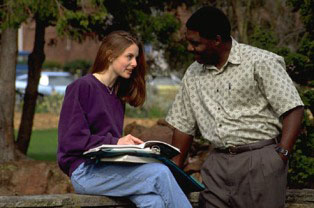 A man and a woman talking