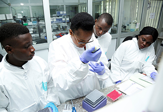 Three scientists in lab coats watch as a fellow scientist in lab coat and purple gloves prepares a sample for testing