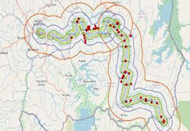 Image courtesy of Dr. Sabin Nsanzimana. Screen capture of a GPS app used that shows connecting points on a map across Rwanda.