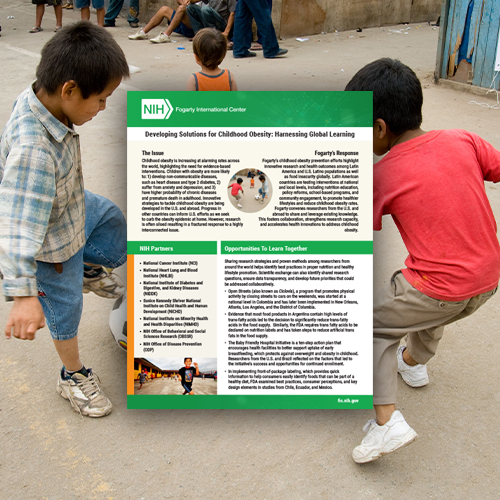 Photo of two boys playing soccer with a snapshot of the cover of the "Developing Solutions for Childhood Obesity" fact sheet