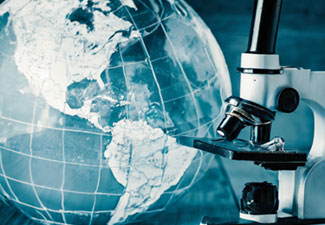 Ahe photo on this page is an AI-generated conceptual image showing a blend of images, including a globe, microscope, scientific beakers, meant to be indicative of global health research.