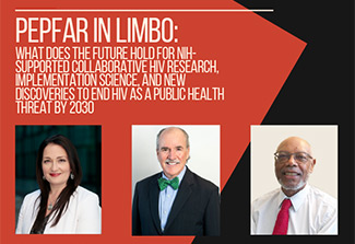 Flyer display of Pepfar in Limbo event featuring images of speakers Shannon Hader, Peter Kilmarx, and Godfrey Woelk 