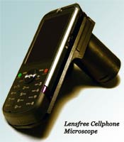 Cell phone attached to microscope, label on image reads Lensefree Cellphone Microscope