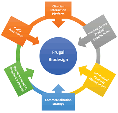Frugal Biodesign Approach Stages flow chart. Full description immediately follows.