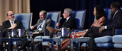 Fogarty Director Roger Glass moderates panel of NIH leaders (Doug Lowy, Tony Fauci, Pamela Collins, Gary Gibbons) at CUGH