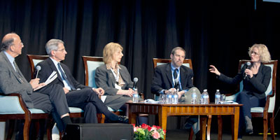 Panel shows Fogarty Dir Roger Glass NIAID Dir Tony Fauci NHLBI Dir Susan Shurin NCI Dep Dir Douglas Lowy NIDA Dir Nora Volkow