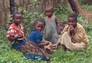 Found young children of varying ages crouched in grassy area, looking at camera, stone wall in background