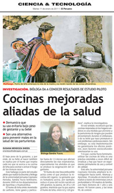 Scan of newspaper article cocinas mejoradas aliadas de la salud, photo of woman cooking on elemental stove with child in sling