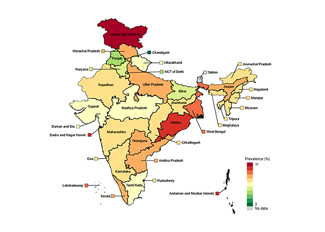 The map on this page shows that the burden of dementia prevalence is unevenly distributed across states and subpopulations in India.