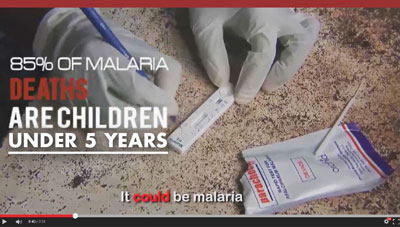 Screen capture of malaria rap video, text overlay reads 85% of malaria deaths are children under 5 years