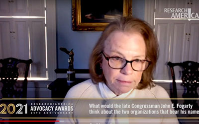 Screenshot of Mary Fogarty McAndrew’s recorded video acceptance speech during the May 2021 Research!America Advocacy Awards.