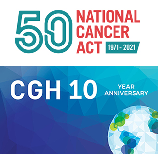 Logos for the 50th anniversary of the National Cancer Act: 1971-2021 and the 10th anniversary of NCI's Center for Global Health
