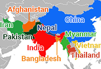 Section of world map highlighting some of the Asian countries that participate in the NIMH-supported Research Partnerships for Scaling Up Mental Health Interventions in Low- and Middle-Income Countries (Scale-Up Hubs): Afghanistan, Bangladesh, Burma (Myanmar), China, India, Iran, Nepal, Pakistan, Thailand, and Vietnam.