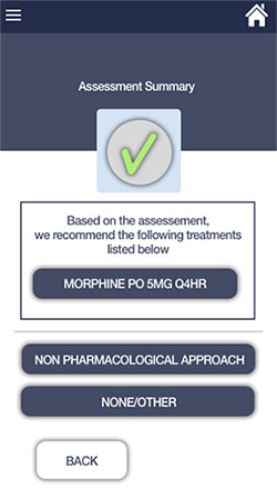 Screenshot of pain treatment guidelines mobile app shows assessment summary with a green check mark.