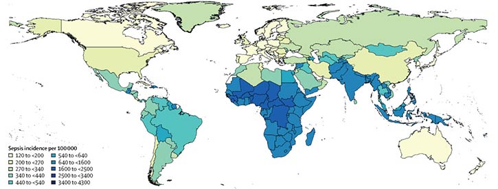 World map showing sepsis incidence by country. Access source map and data at https://www.fic.nih.gov/News/GlobalHealthMatters/january-february-2020/Pages/global-sepsis-burden.aspx#sepsismapsources.
