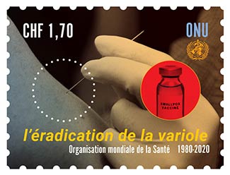 Image of stamp commemorating the 40th anniversary of smallpox eradication.
