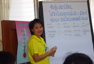 Smiling facilitator at the front of a classroom stands in front of easel pad covered with Thai writing