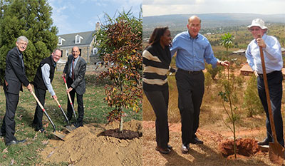 Left: Francis Collins, Paul Farmer and Roger glass hold shovels preparing to plant a tree on the NIH campus. Right: A woman stands next to Roger Glass and Paul Farmer as they prepare to plant a tree in Rwanda.