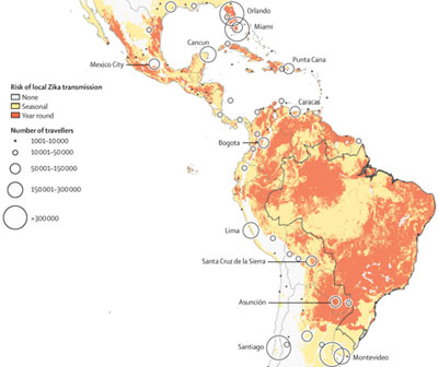 Heat map of Americas shows how Zika virus could spread from South America to the Caribbean, Mexico and the US