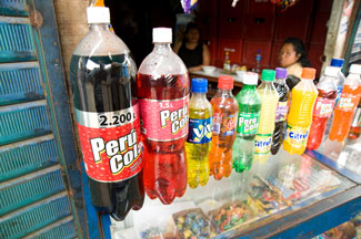 Sodas and other beverages on display in Peruvian street market
