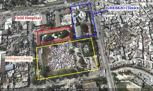 Aerial google-maps generated view of GHESKIO area, full text description follows